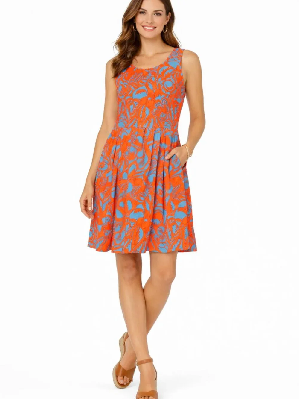 Talbots Orange Blue Floral Sleeveless Cotton Fit & Flare Dress Knee Length SZ 12 - Picture 3 of 14